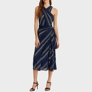 Lauren Ralph Lauren Womens Striped Crossover Sleeveless Halter Dress Size 8 Navy